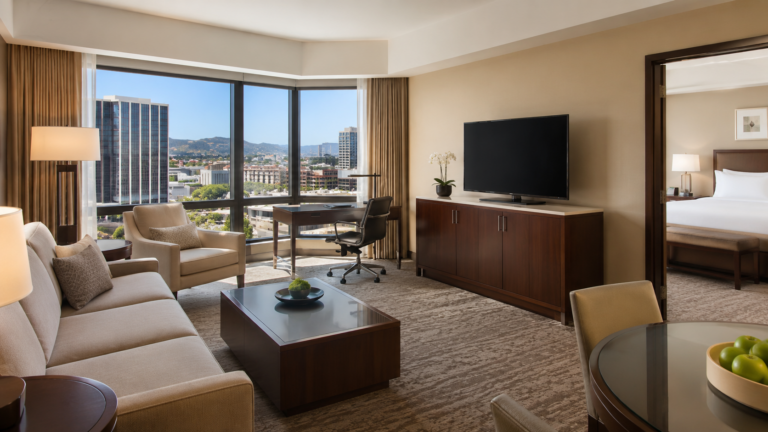 Interior of luxury hotel room.